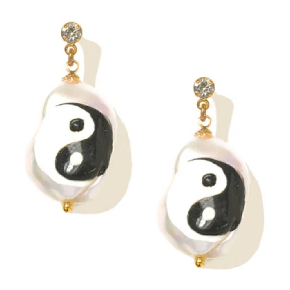 Venessa Arizaga Higher Mind Yin Yang Freshwater Pearl Post Earrings w/Crystals.